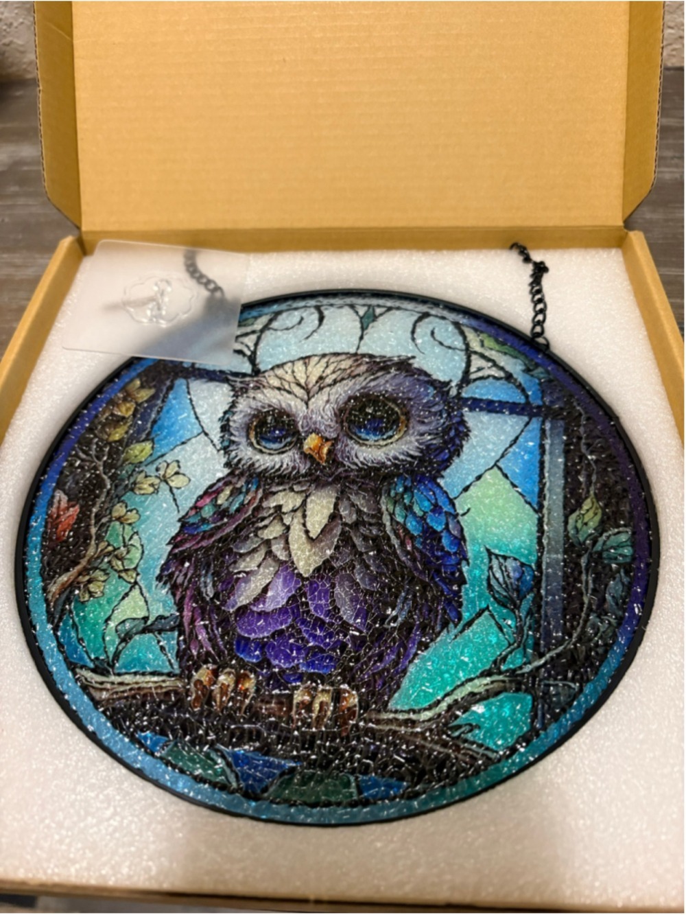 Stained Acrylic Owl Window/Wall Hanging Art NIB Blue Purple